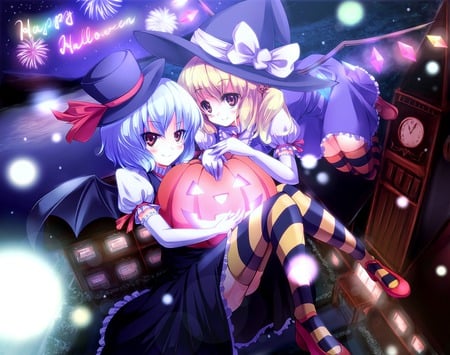 Happy Halloween! - happy halloween, touhou, flandre scarlet, witches, jack-o-lantern, ramilia scarlet