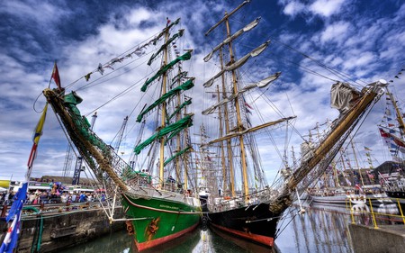 Sailboats - boat, harbour, sailboats, sailing, view, port, sky, flag, clouds, water, beautiful, sea, beauty, colors, boats, colorful, nature, sailboat, peaceful