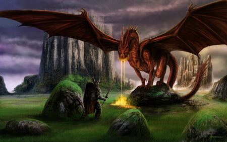 dragon - warrior, magic, acient, knight, creature, dragon, fire, red, green, wings, myth, castle