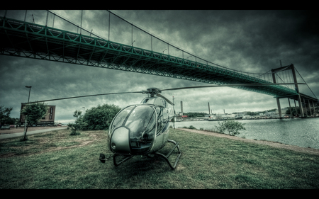 helicopter - abstract, landing, helicopter, city, bridge