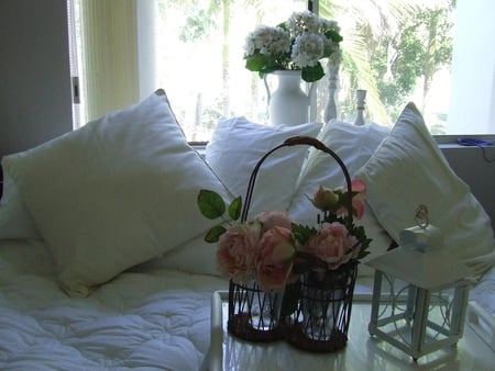 bedroom roses - white, bedroom, lantern, roses