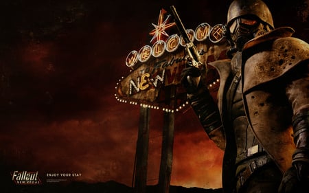 Welcome to New Vegas - soldier, sign, gun, fallout, enjoy your stay, new vegas, welcome, red, las vegas, video game