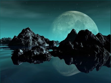 JADE MOON - clouds, moon, water, night, mountains, jade, reflection, sky