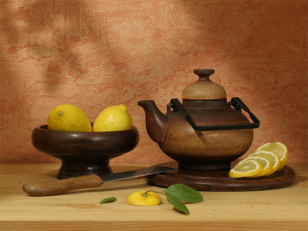 Japanese Still Life - table, art photo, nice, teapot, still life, composition, cup, lemons