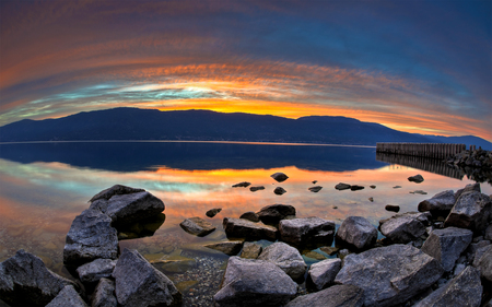 Sunset on Lake Okanagan - beach, water, mountains, clear, nature, lakes, reflection, formation, beautiful, clouds, colors, rocky