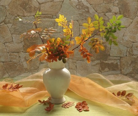 autumn still life 6 - autumn leafs, white vase, table, art photo, nice, still life, composition