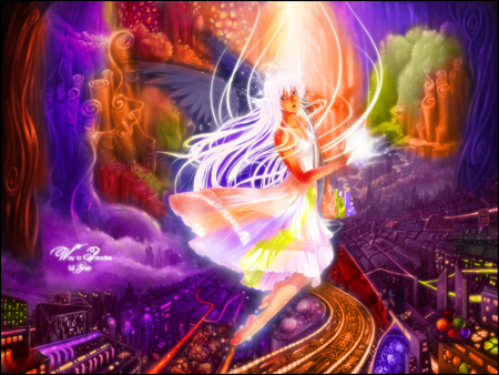 Way to Paradise - vibrant, girl, fantasy, abstract, purple, lavendar, yellow, colours, red, orange, green, city