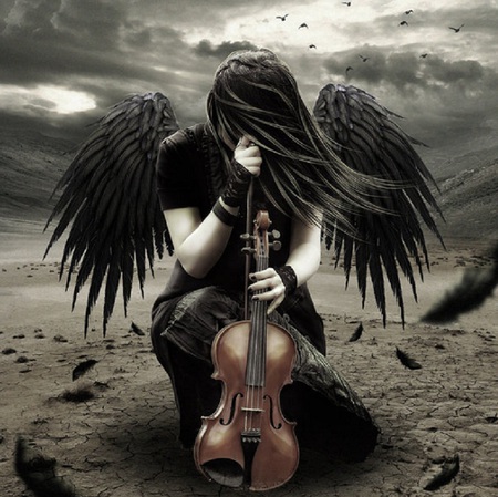 Music of Angels - sky, feathers, angel, female, clouds, violin, fantasy