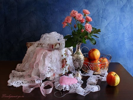 Roses and lace - roses, ribbons, heart, fruit, vase, needles, dolie, bassket, box, lace, appples, pin cushion