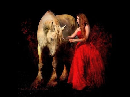 Girl w Horse - picture, beautiful, red, girl, horse