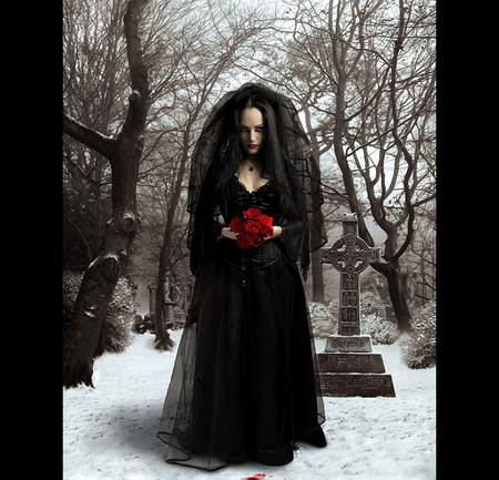 Witch and Roses - roses, trees, hot, cool, dark, girls, witch, cemetery, halloween, graves