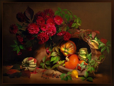 Autumn Still Life - red, fall, pretty, flowers, vase, harmony, leaves, still life, pumpkin, gourds, nice, table, lovely, basket, autumn