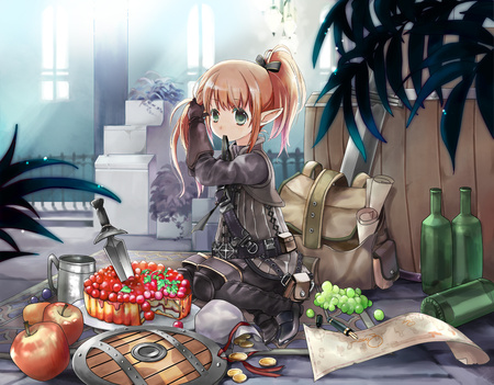 ELF - green eyes, elf, final fantasy xiv, shield, sword, cute, apples, pie