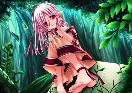 elf rayn - red eyes, elf, forest, cute, feet, dress