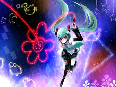 Hatsune Miku - tie, pretty, space, blue hair, nice, blue eyes, thighhighs, beauty, colors, flower, drawing, white, cute, animals, vocaloid, anime, blue, twintail, hatsune miku, stars, sheep, rain drops, moon, skirt, beautiful, girl, cool, cat, black, colorful, miku, awesome, hatsune, vocaloids