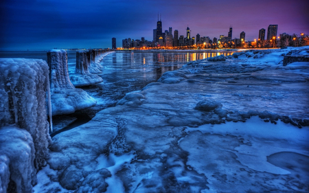 Frozen City - ice, abstract, photography, blue, winter, city, lights