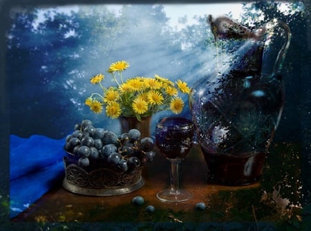 Imagination - goblet, beautiful, flowers, fruits, vase, yellow, silk, sunlight, streaming, grapes