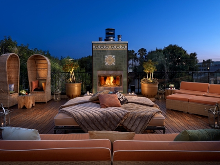 Absolute perfection - ottamans, bed, sofas, pillows, fireplace, chairs, perfect, plants, fire, blanket, roof, rooftop, lantern, romantic, beautiful, table