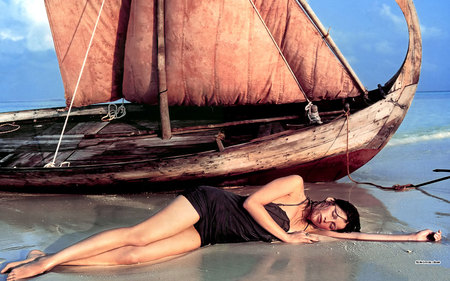 Laeticia Casta - beach, people, beautiful, sailboat, one, piece, model