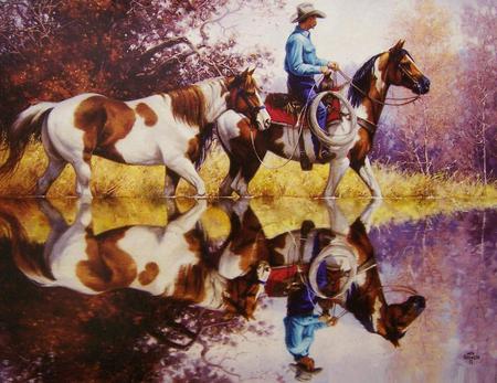 water mirror - trees, cowboy, horses, paints, reflection