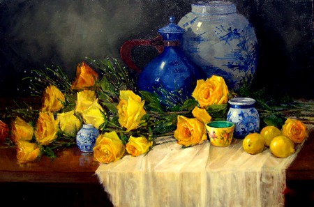 Yellow Forever Roses - flowers, roses, yellow roses, fabric, table, blue vases, still life