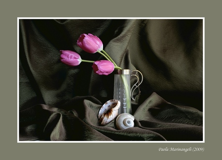 Japanese Still Life 4 - glass vase, tulips, seashells, art photo, nice, still life, composition