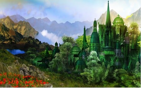 EMERALD CITY - city, mountains, flowers, emerald