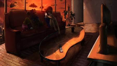 Sit in Sunlight - beauty, sunlight, sunset, anime girl, couch, awsome, stunning, gorgeous, cool, pretty, clouds, beautiful, tv, cute