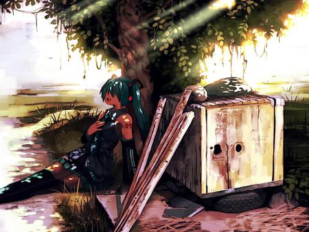 Hatsune Miku - pretty, tie, singing, anime, sun rays, vocaloid, blue, twintail, hatsune miku, blue hair, sidewalk, box, nice, sunlight, realistic, skirt, relaxing, beautiful, sunshine, thighhighs, beauty, cool, tree, black, miku, awesome, cute, crate, hatsune, vocaloids, park