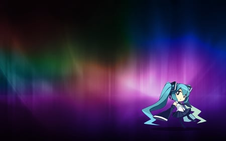 Chibi Miku - pretty, anime, vocaloid, blue, twintail, hatsune miku, headphones, rainbow, blue hair, chibi, nice, blue eyes, idol, skirt, beautiful, beauty, colors, cool, black, colorful, miku, awesome, cute, little, chibi miku, hatsune, headset, vocaloids