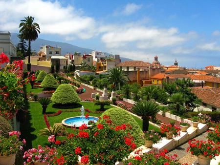 Spanish beauty - flowers, blooms, trees, gardens, bushes, ponds, blue sky, walkways