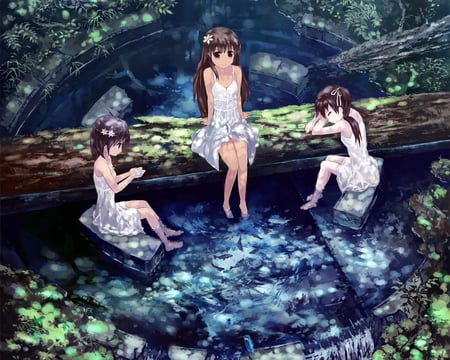 Three Graces - girls, water, white dress, summer, resting, tree trunk, anime, pond, shadow