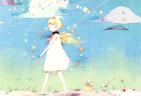 I Can't Fly - stars, sky, kagamine rin, vocaloid, clouds, bird