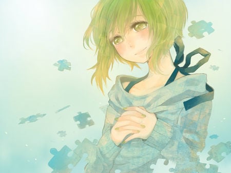 Gumi - gumi, vocaloid, puzzle, green eyes, crying