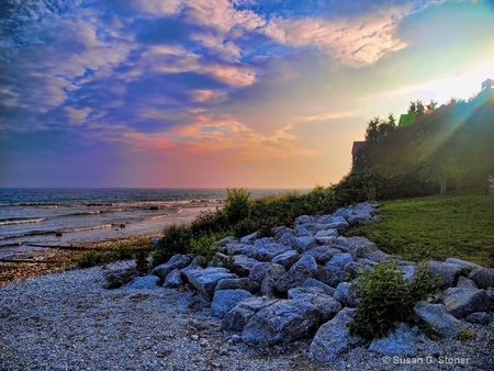 A New Day Begins - beach, trees, clouds, sunrise, rocks