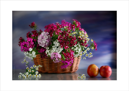 still life - nice, photography, peach, bouquet, basket, still life, fruit, cool, beautiful, color, flowers, photo, flower, harmony