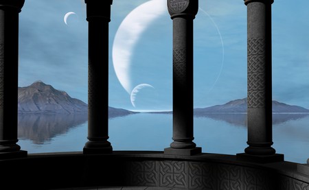 THE BALCONY - moon, sky, planets, balcony, clouds, water, mountains