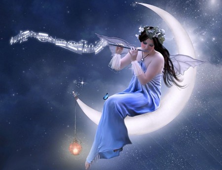 MOON SONG - moon, music, female, flute, fairy, night, stars, sky