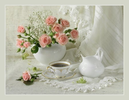 still life - roses, elegant, pink, photo, gentle, flowers, nice, vase, beautiful, coffee, photography, cool, still life, flower, bouquet, jug, drink, harmony, white, rose, cup