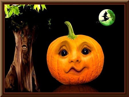 Halloween - jack o lantern, moon, orangem tree with face, witch on broom, halloween, pumpkin