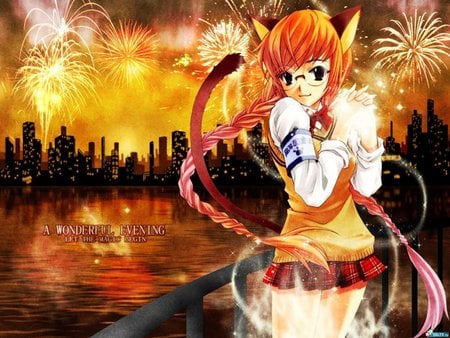 Wonderful Evening - anime, magic, ears, evening, girl, tail, fireworks