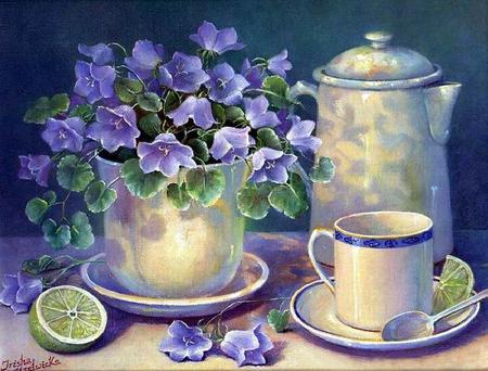 Blue Inspiration - spoon, blue, table, lime, tea, saucer, petals, flowers, flower pot, plate, tea pot, cup