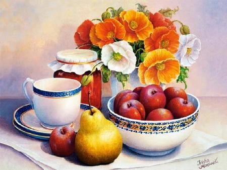 Flowers and Fruits - pear, bowl, fruits, saucer, apples, cup, preserves, jar, pot, flowers, plate mat