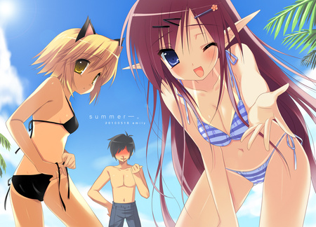 Summer - nose bleed, elf, summer, swimsuits, cute, sun, sky, cat ears