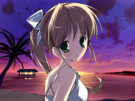 Watching the Sunset With You - beach, blonde hair, cute anime girl, mikeou, dark teal eyes, smile, sunset