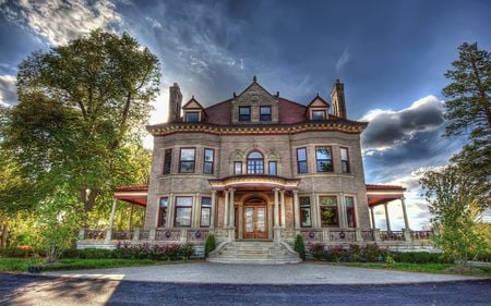 Beautiful House - stairs, beauty, sky, trees, colorful, road, villa, clouds, green, architecture, house, grass, houses, nature, beautiful, leaves, flowers, colors