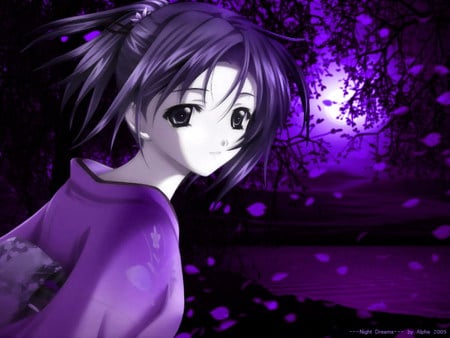 Purple Night - moon, anime, purple, girl, lake, night