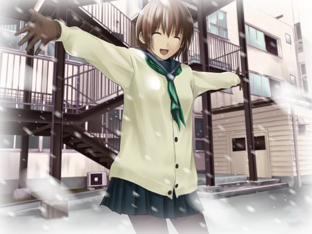 Snow Day - winter, original, brown, snow, seifuku, hair, gloves, building