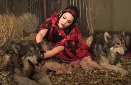 Lady In Red - red, wolf, dogs, woman, dress