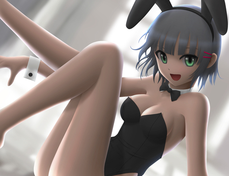 bunny girl - short hair, green eyes, bed room, bunny suit, anime, bunny ears